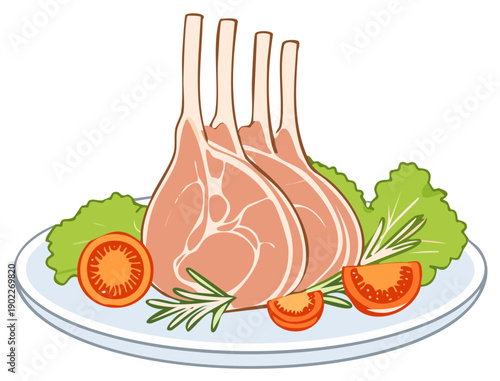 Illustration of Raw Lamb Chops on a Plate with Tomato Slices Lettuce and Rosemary Garnishes Ready for Cooking