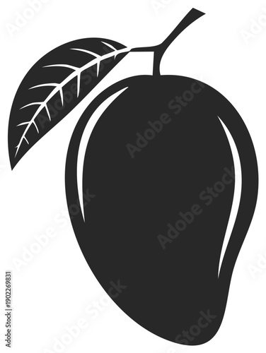 Elegant Mango Fruit Glyph Design with Vibrant Green Leaf Silhouette Depicting Tropical Flavor and Natural Harvest for Graphic Arts