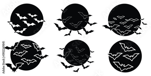 Set of halloween full moon with bats silhouettes black icon Vector illustration and isolated on white background.