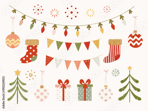 Festive christmas decorations including ornaments stockings and trees