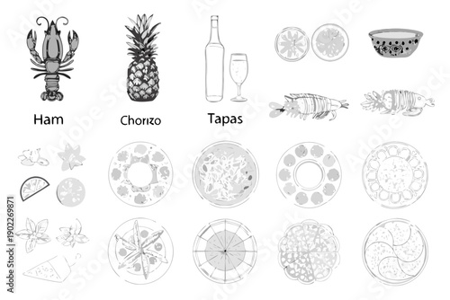 Line art illustration of food plates and decorative elements