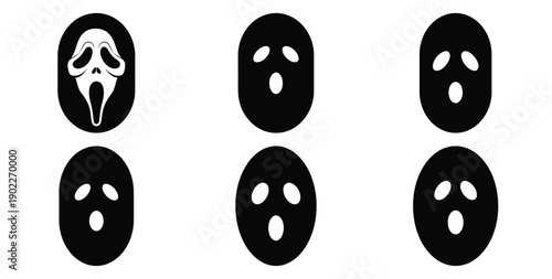 Set of halloween ghost face oval silhouettes black icon Vector illustration and isolated on white background.