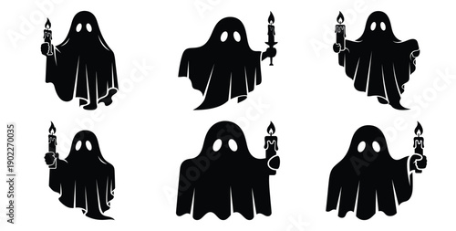 Set of halloween ghost holding candle silhouettes black icon Vector illustration and isolated on white background.