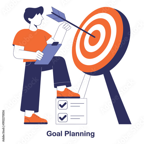 Man with clipboard standing on checklist hitting target with arrow icon