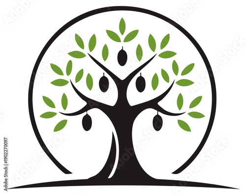 Stylized Black Silhouette Olive Tree With Green Leaves and Fruit Inside Circle