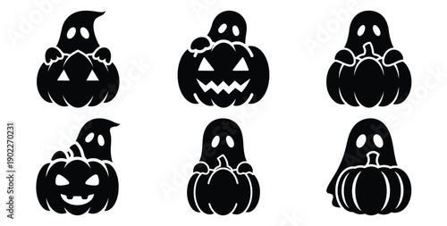 Set of halloween ghost peeking pumpkin silhouettes black icon Vector illustration and isolated on white background.