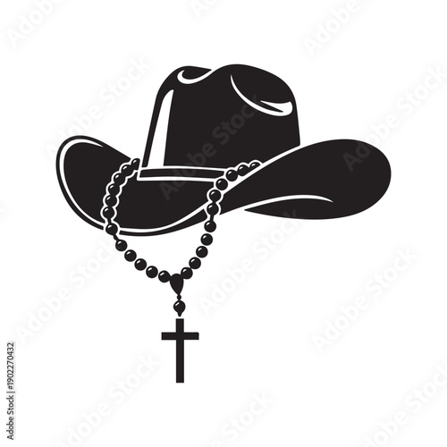 Cowboy Hat with Rosary Beads and Cross Silhouette. Western Christian Faith Vector Illustration.

