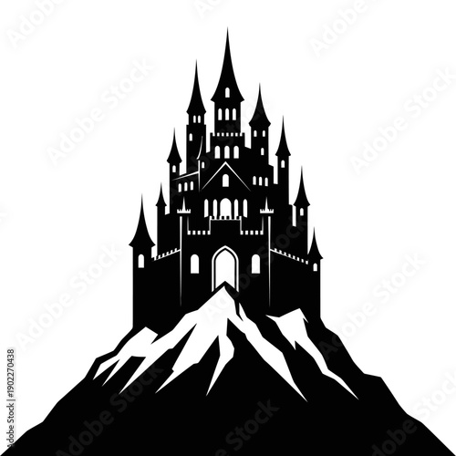 Gothic Castle Silhouette on Mountain Peak - Fantasy Architecture Vector