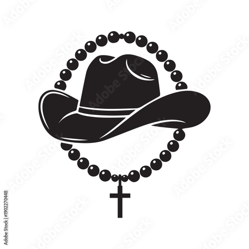 Cowboy Hat with Rosary Beads and Cross Silhouette. Western Christian Faith Vector Illustration.

