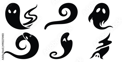 Set of halloween ghost trail swirl silhouettes black icon Vector illustration and isolated on white background.