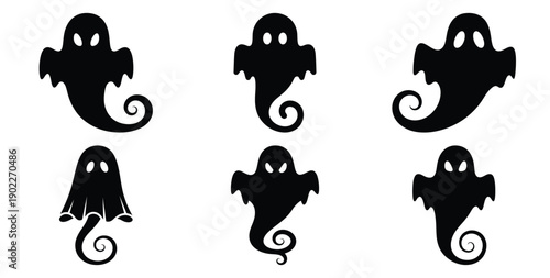 Set of halloween ghost tail swirl silhouettes black icon Vector illustration and isolated on white background.
