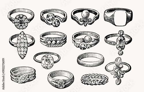 Collection of vintage hand drawn jewelry ring engravings