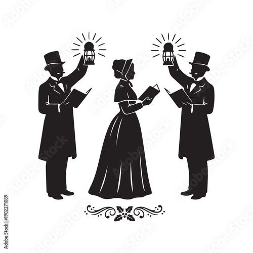 Victorian Christmas Carolers Silhouette Vector. Three People Singing Hymns Holding Lanterns and Books. Vintage Holiday Trio.
