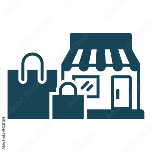 Shopping bag and padlock in front of storefront with awning and door icon