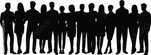 Group of diverse people standing together, crowd and community concept, human silhouettes isolated on white background