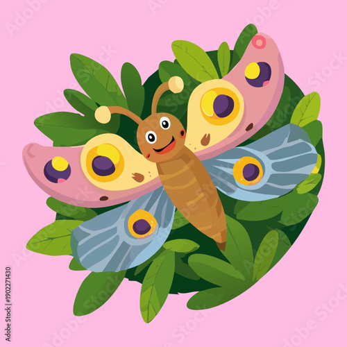 charming butterfly among green leaves for spring season and nature theme children book illustration design art