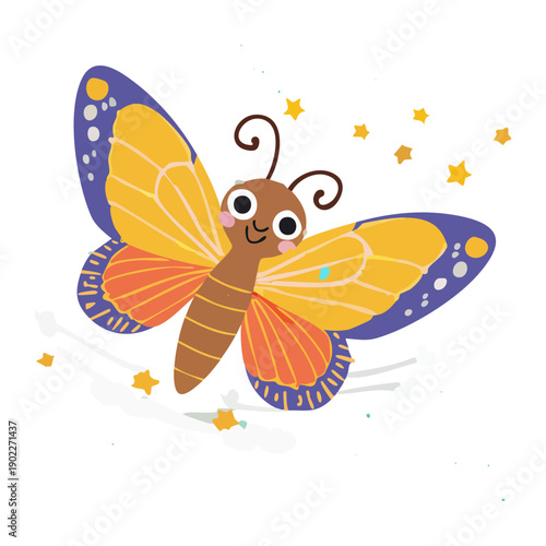 bright orange and purple butterfly with stars for magical nature theme and kids nursery room decor
