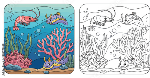 Cute cartoon pink shrimp and purple sea slugs swimming underwater with colorful coral reef and seaweed background illustration