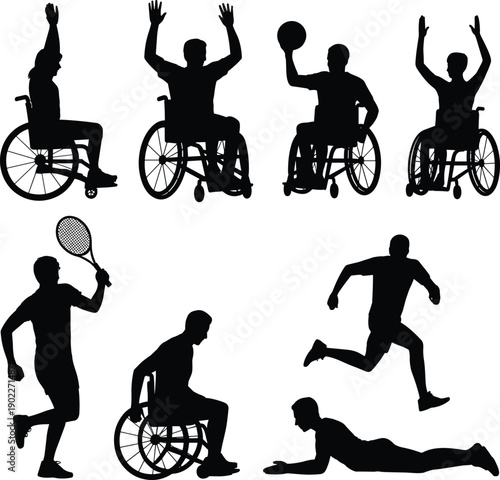 Disabled athletes silhouette set, wheelchair sports and adaptive physical activity poses isolated on white background