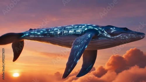 Flying whale sunset sky in digital art