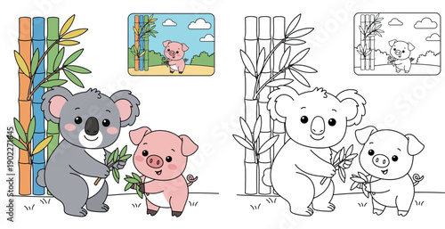 Cute cartoon koala and pink pig friends holding leaves with colorful bamboo stalks background vector illustration