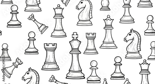 Chess Pieces on White Background, Game Strategy Illustration, Artistic Design, Creative Composition