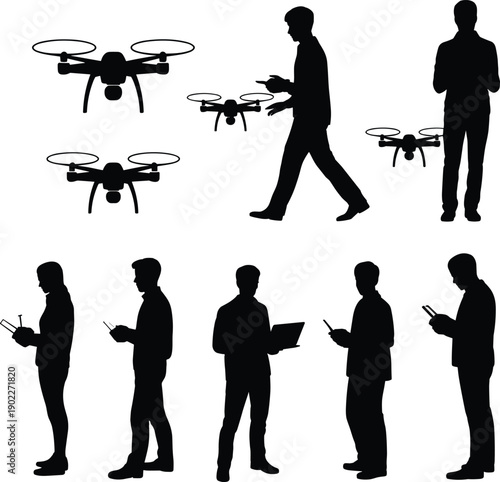 Drone operator controlling quadcopter with remote controller and digital devices, unmanned aerial vehicle technology silhouette isolated on white