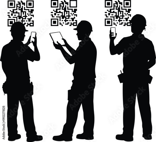 Construction workers using smartphone and tablet to scan QR codes on site, digital construction technology silhouette isolated on white
