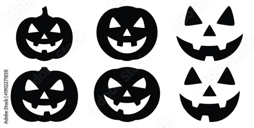 Set of halloween jack o lantern smiling face silhouettes black icon Vector illustration and isolated on white background.