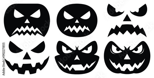 Set of halloween jack o lantern angry face silhouettes black icon Vector illustration and isolated on white background.