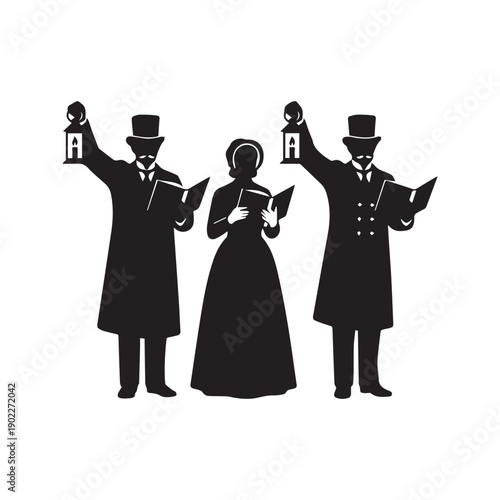 Victorian Christmas Carolers Silhouette Vector. Three People Singing Hymns Holding Lanterns and Books. Vintage Holiday Trio.
