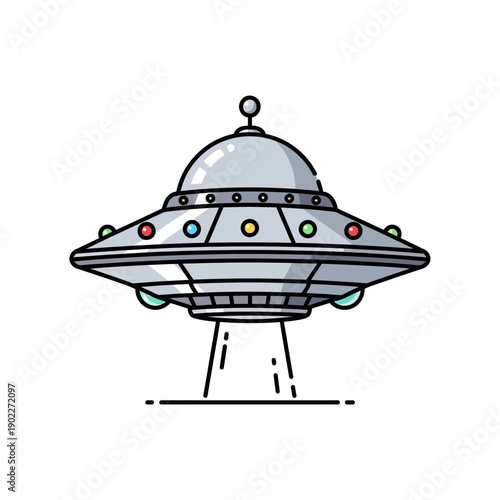 Cartoon UFO flying saucer with lights and beam, isolated on white background.