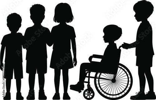 Children standing together with disabled child in wheelchair, friendship, inclusion and diversity concept, kid silhouettes isolated on white