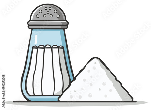 Salt shaker and salt pile illustration in cartoon style.