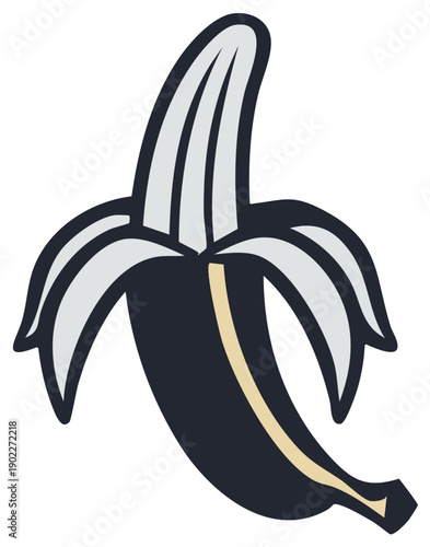 Cartoon illustration of a partially peeled banana with a black peel