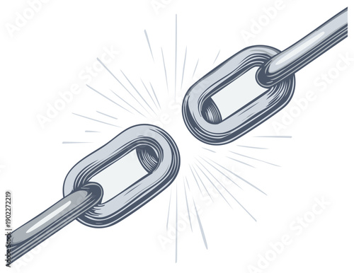 Chain links breaking, separated connection and concept of disunity illustration