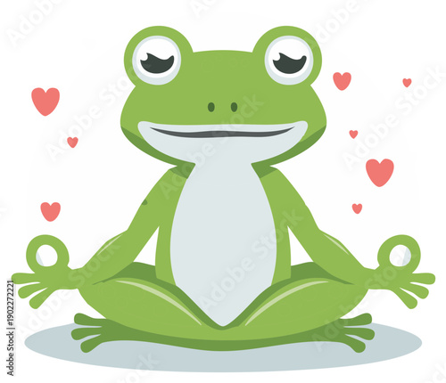 Green Frog Meditating in Lotus Pose Surrounded by Pink Hearts and Peaceful Aura