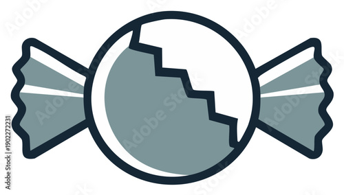 Cartoon-style candy illustration, unwrapped showing bite marks, gray and blue.