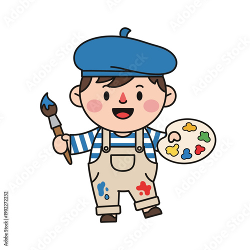 Cute Cartoon Artist Boy with Paintbrush and Palette, Creative Child