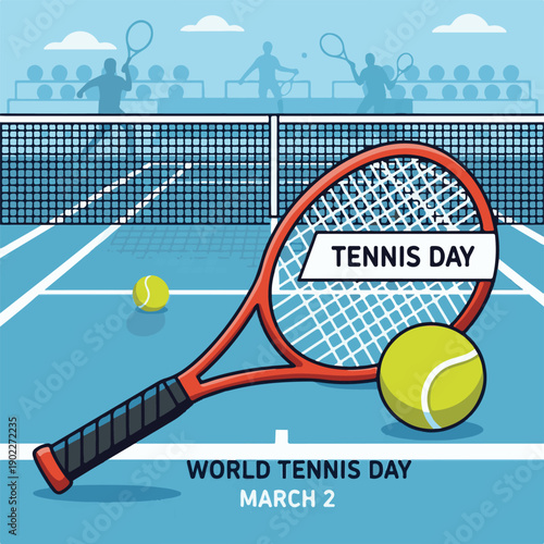World Tennis Day Celebration Poster with Red Racket, Ball, and Players on Blue Court Background