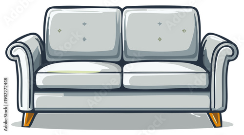 Classic Light Gray Two-Seater Sofa with Rolled Arms and Wooden Legs