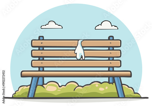Empty park bench with tissue on seat under a bright sky with clouds