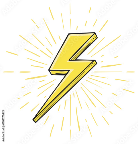 Bright yellow lightning bolt symbol with radiating sunburst effect, retro comic style