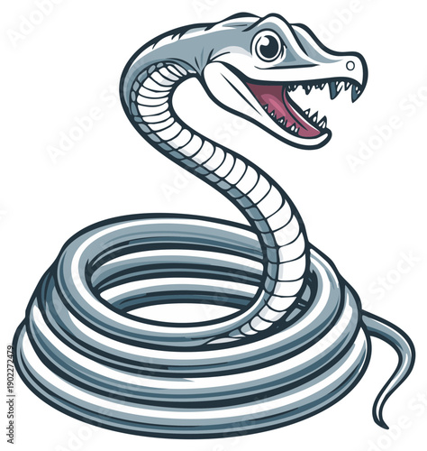Stylized cartoon coiled serpent with open mouth and sharp fangs looking alert