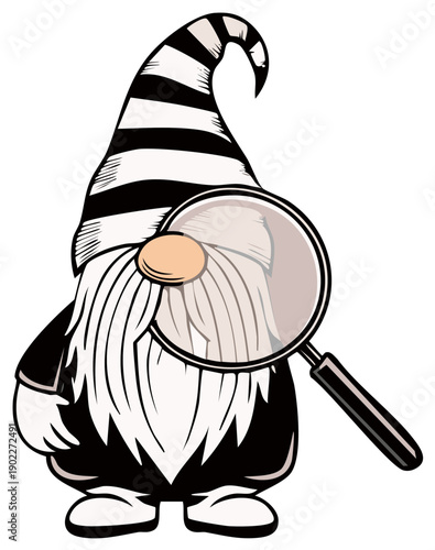 Whimsical Gnome with Magnifying Glass Inspecting Beard