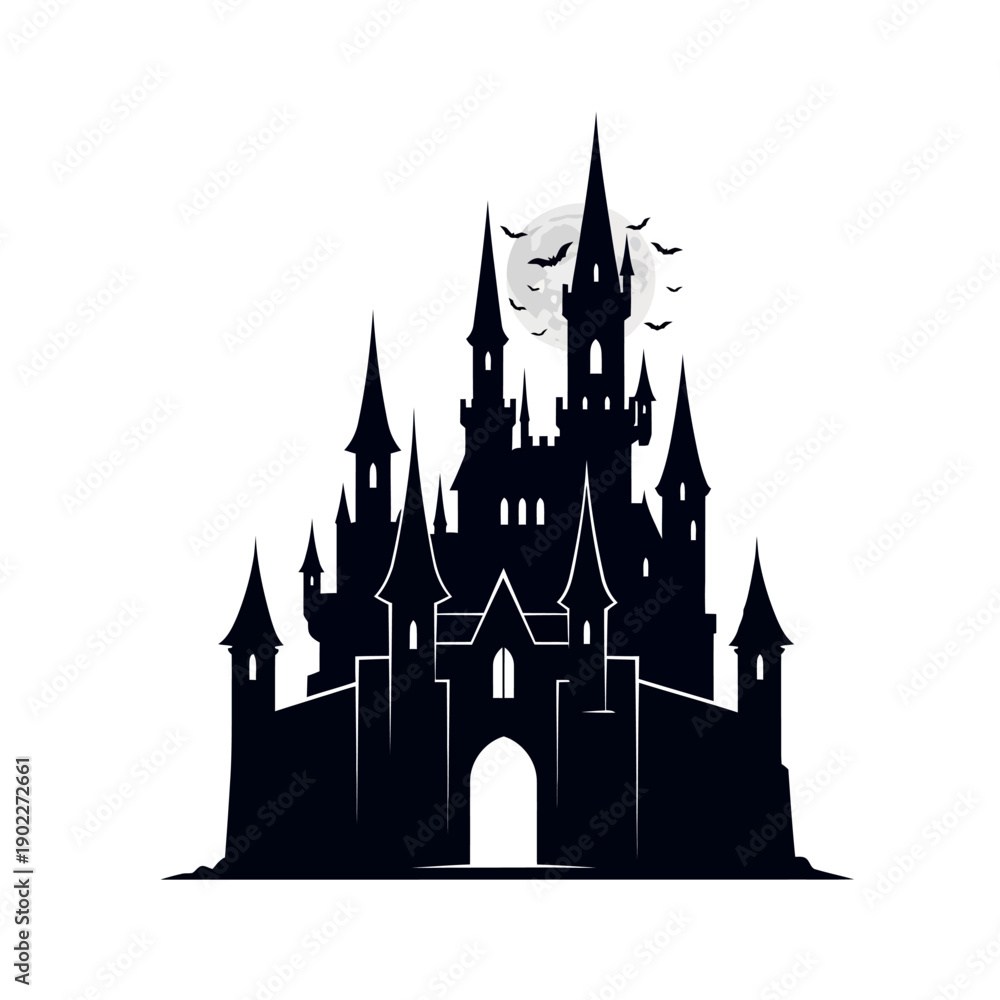 Obraz premium Gothic Castle Silhouette with Moon and Bats, Spooky Halloween Night