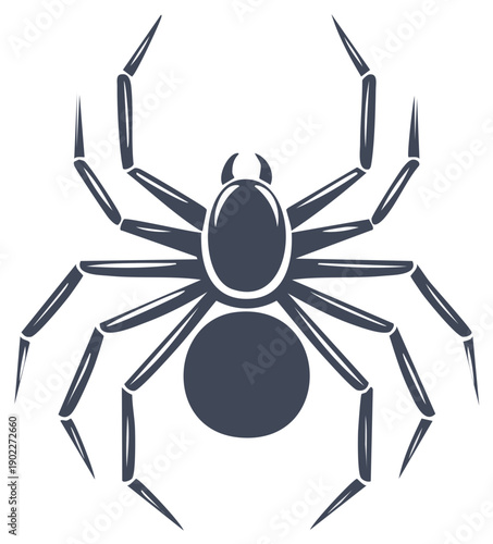 Stylized dark gray spider illustration with eight legs and a round abdomen on a white background