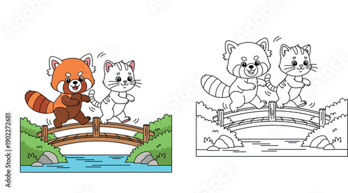 Cute cartoon red panda and white cat friends walking across a wooden bridge over a river vector illustration, happy animals crossing stream in nature for children design