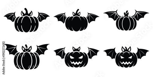 Set of halloween pumpkin bat hybrid silhouettes black icon Vector illustration and isolated on white background.