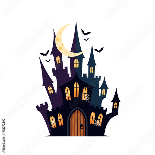 Spooky Haunted Castle with Bats and Crescent Moon Illustration